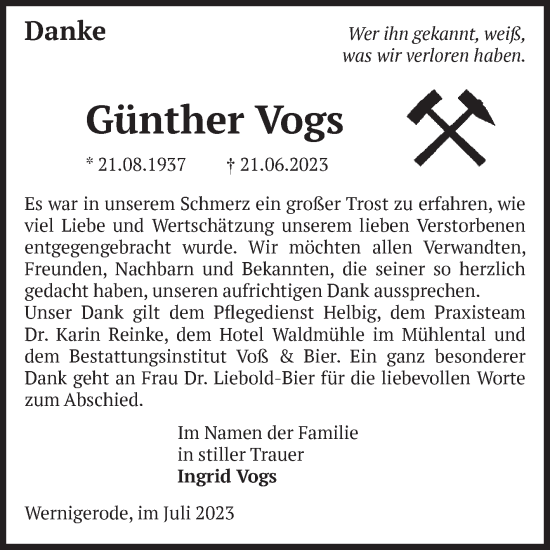 Traueranzeige von Günther Vogs von Volksstimme Wernigerode