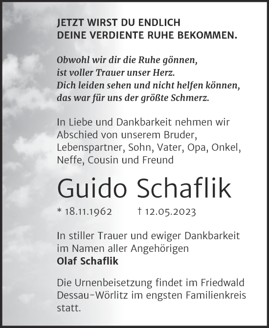 Traueranzeige von Guido Schaflik von Trauerkombi Bitterfeld
