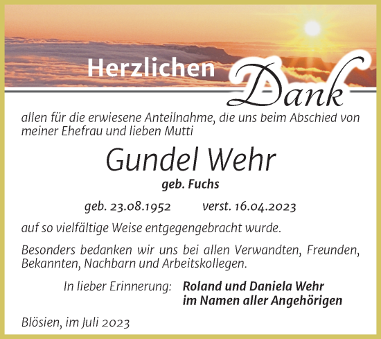 Traueranzeige von Gundel Wehr von Trauerkombi Merseburg