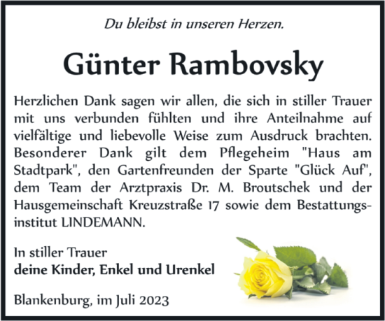 Traueranzeige von Gunter Rambovsky von Volksstimme Wernigerode