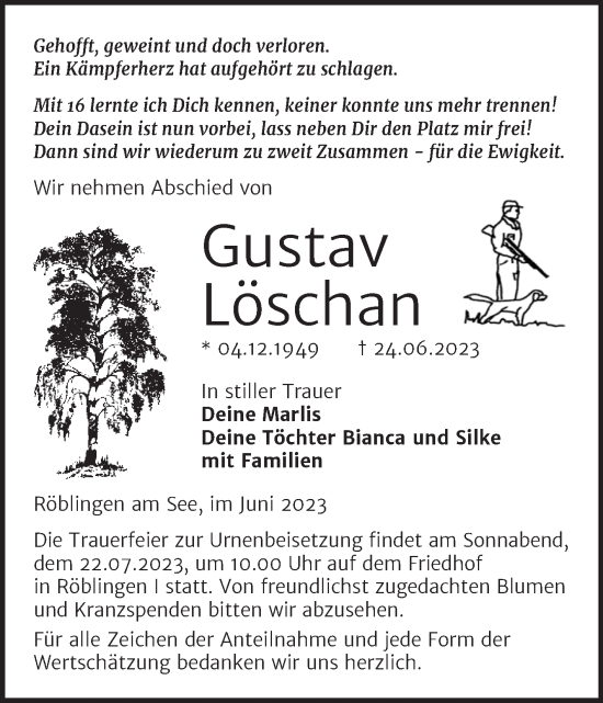 Traueranzeige von Gustav Löschan von Trauerkombi Mansfelder Land