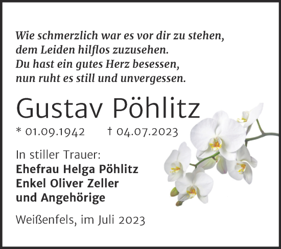 Traueranzeige von Gustav Pöhlitz von Trauerkombi Weißenfels