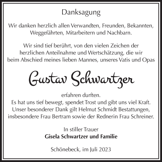 Traueranzeige von Gustav Schwartzer von Volksstimme Schönebeck