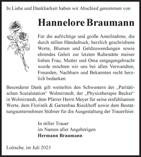 Traueranzeige von Hannelore Braumann von Volksstimme Haldensleben/Wolmirstedt