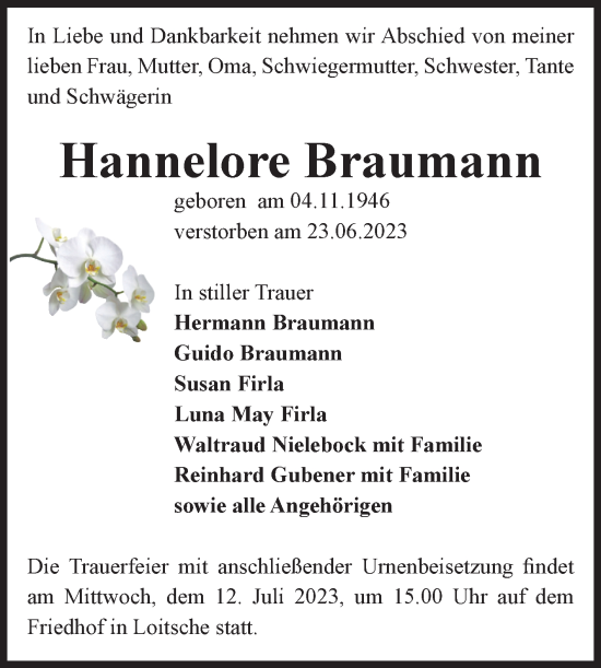 Traueranzeige von Hannelore Braumann von Volksstimme Haldensleben/Wolmirstedt
