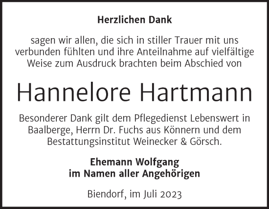 Traueranzeige von Hannelore Hartmann von Trauerkombi Bernburg