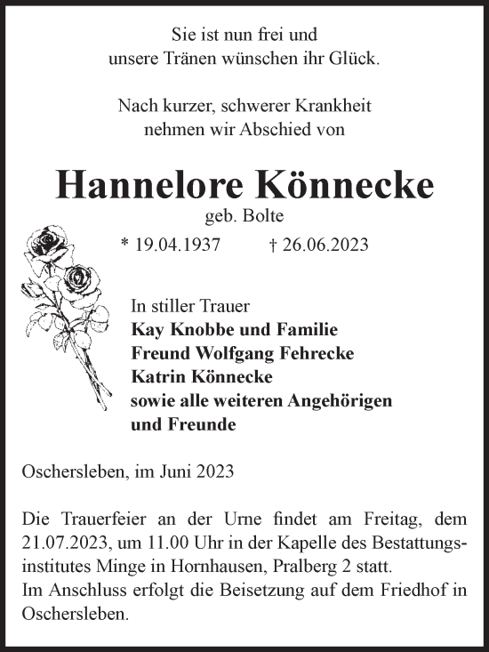 Traueranzeige von Hannelore Könnecke von Volksstimme Oschersleben/Wanzleben