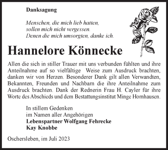Traueranzeige von Hannelore Könnecke von Volksstimme Oschersleben/Wanzleben