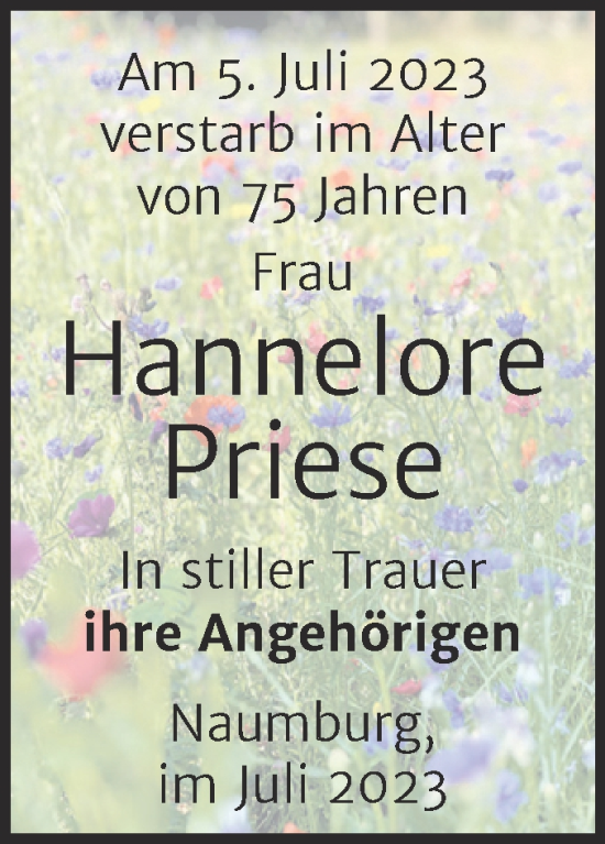 Traueranzeige von Hannelore Priese von Naumburger Tageblatt
