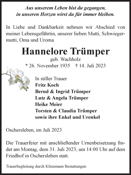 Traueranzeige von Hannelore Trümper von Volksstimme Oschersleben/Wanzleben