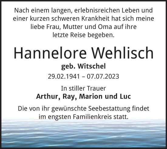 Traueranzeige von Hannelore Wehlisch von Mitteldeutsche Zeitung Halle/Saalkreis