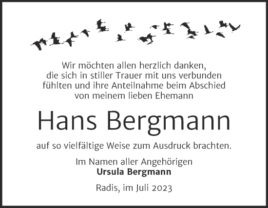 Traueranzeige von Hans Bergmann von Trauerkombi Wittenberg