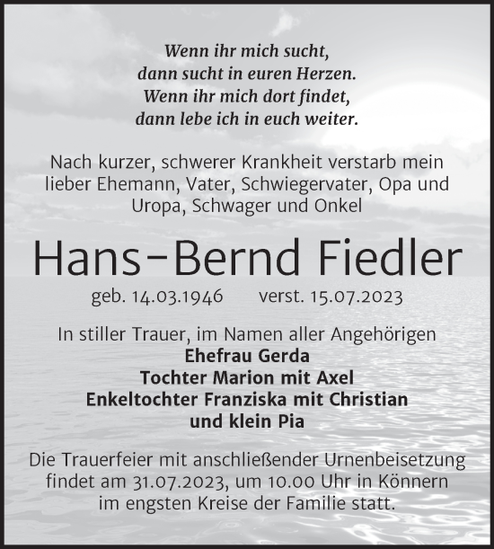 Traueranzeige von Hans-Bernd Fiedler von Trauerkombi Bernburg