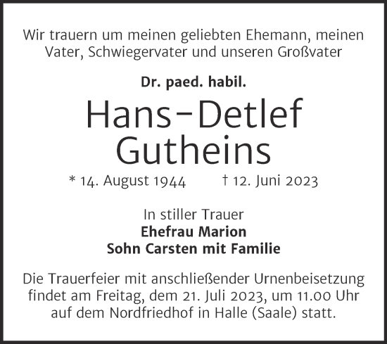 Traueranzeige von Hans-Detlef Gutheins von Mitteldeutsche Zeitung Halle/Saalkreis