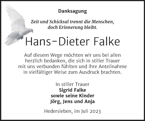Traueranzeige von Hans-Dieter Falke von Trauerkombi Quedlinburg