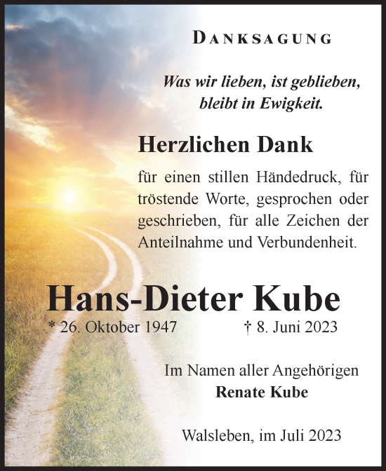 Traueranzeige von Hans-Dieter Kube von Volksstimme Altmark Ost