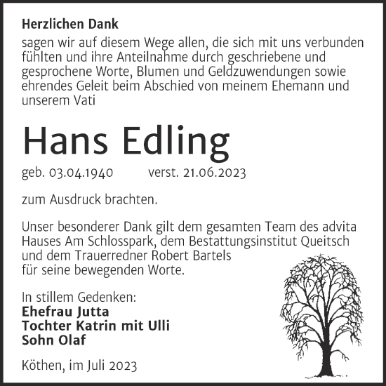 Traueranzeige von Hans Edling von Trauerkombi Köthen
