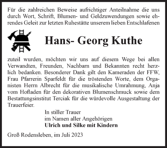 Traueranzeige von Hans-Georg Kuthe von Volksstimme Oschersleben/Wanzleben