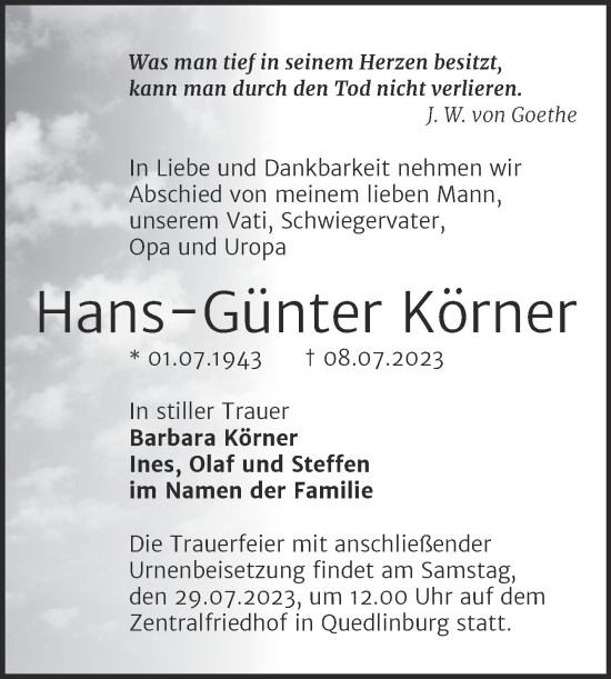 Traueranzeige von Hans-Günter Körner von Trauerkombi Quedlinburg