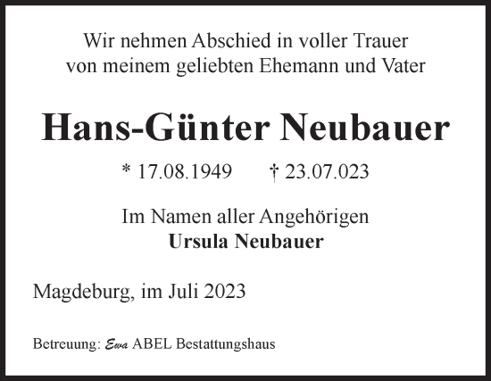 Traueranzeige von Hans-Günter Neubauer von Volksstimme Magdeburg