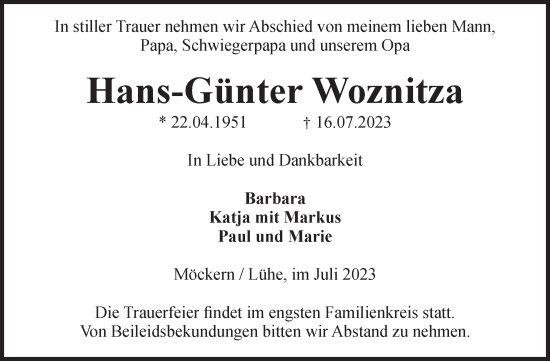 Traueranzeige von Hans-Günter Woznitza von Volksstimme Burg/Genthin