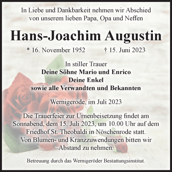 Traueranzeige von Hans-Joachim Augustin von Volksstimme Wernigerode