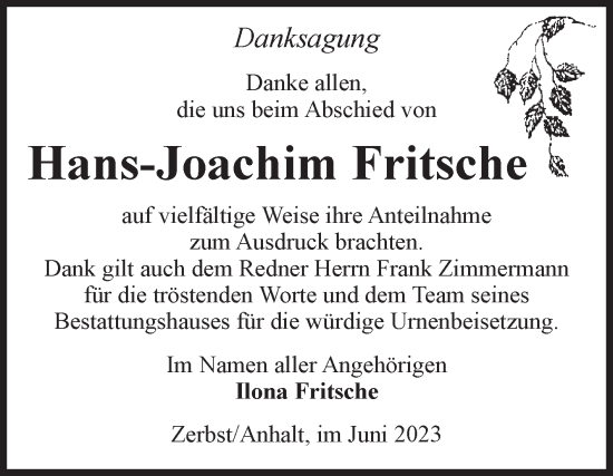 Traueranzeige von Hans-Joachim Fritsche von Volksstimme Zerbst