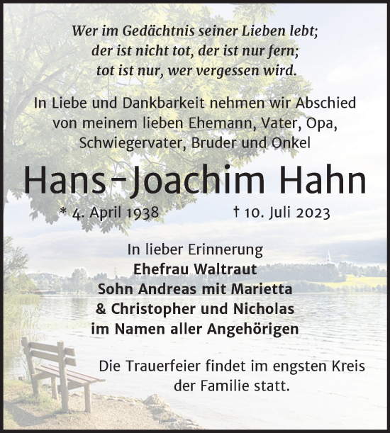 Traueranzeige von Hans-Joachim Hahn von Trauerkombi Dessau