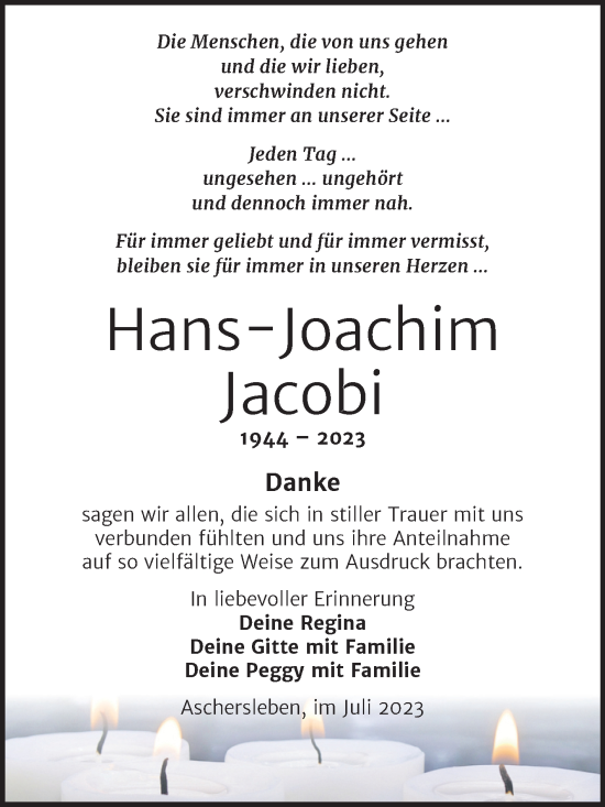 Traueranzeige von Hans-Joachim Jacobi von Trauerkombi Aschersleben