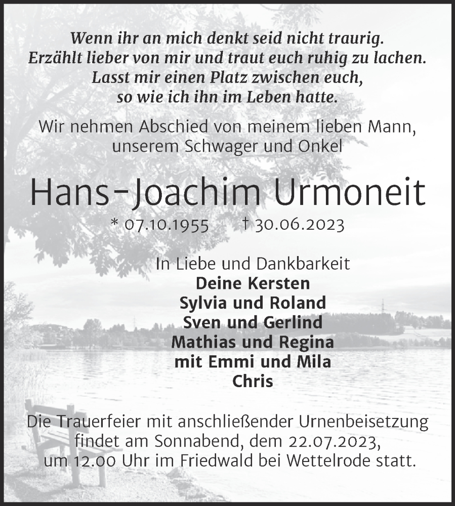  Traueranzeige für Hans-Joachim Urmoneit vom 15.07.2023 aus Trauerkombi Sangerhausen