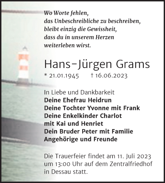Traueranzeige von Hans-Jürgen Grams von Trauerkombi Dessau