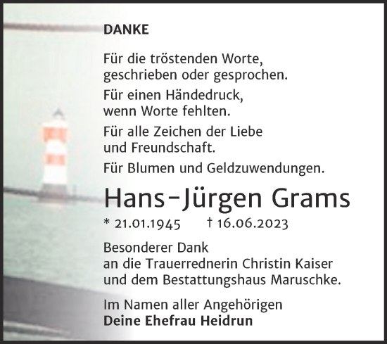 Traueranzeige von Hans-Jürgen Grams von Trauerkombi Dessau