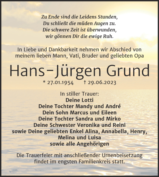 Traueranzeige von Hans-Jürgen Grund von Trauerkombi Bitterfeld