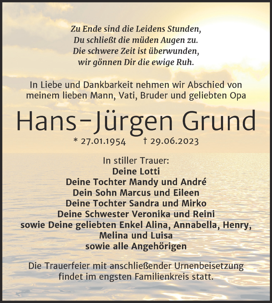  Traueranzeige für Hans-Jürgen Grund vom 08.07.2023 aus Trauerkombi Bitterfeld