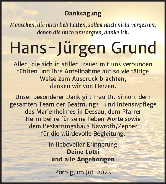 Traueranzeige von Hans-Jürgen Grund von Trauerkombi Bitterfeld