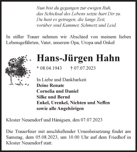 Traueranzeige von Hans-Jürgen Hahn von Volksstimme Altmark West