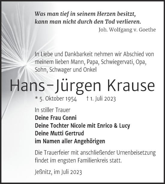 Traueranzeige von Hans-Jürgen Krause von Trauerkombi Bitterfeld