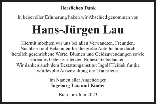 Traueranzeige von Hans-Jürgen Lau von Volksstimme Schönebeck