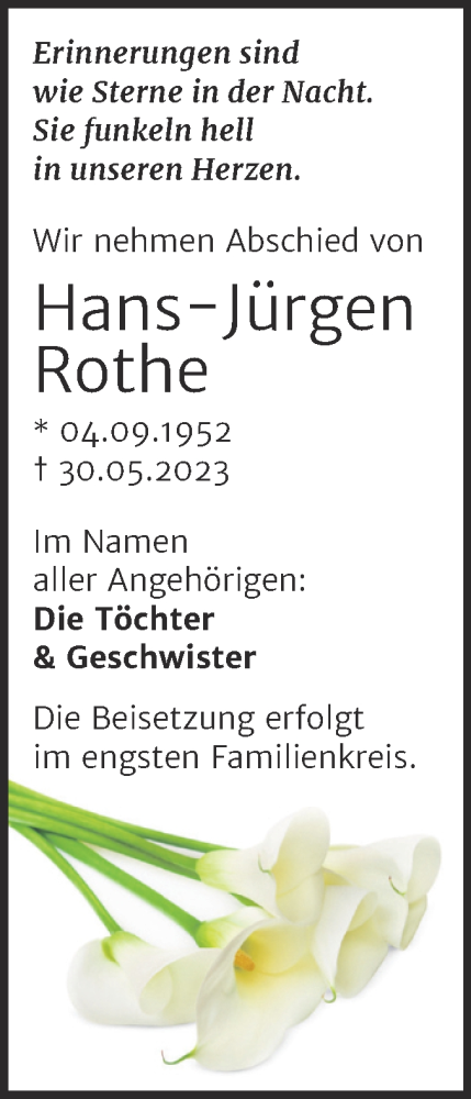 Traueranzeige von Hans-Jürgen Rothe von Mitteldeutsche Zeitung Halle/Saalkreis
