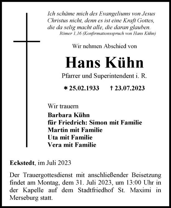 Traueranzeige von Hans Kühn von Mitteldeutsche Zeitung Merseburg/Querfurt