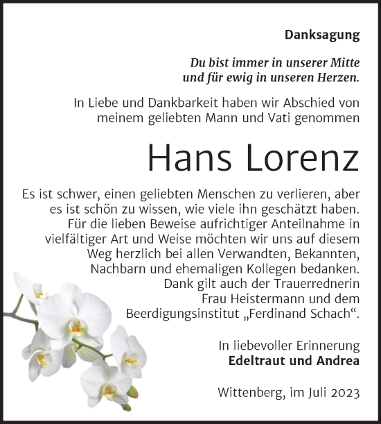 Traueranzeige von Hans Lorenz von Trauerkombi Wittenberg