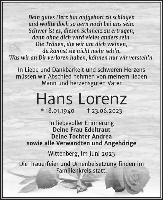 Traueranzeige von Hans Lorenz von Trauerkombi Wittenberg