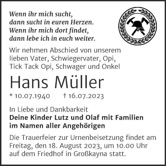 Traueranzeige von Hans Müller von Trauerkombi Merseburg