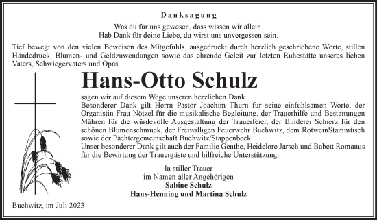 Traueranzeige von Hans-Otto Schulz von Volksstimme Altmark West