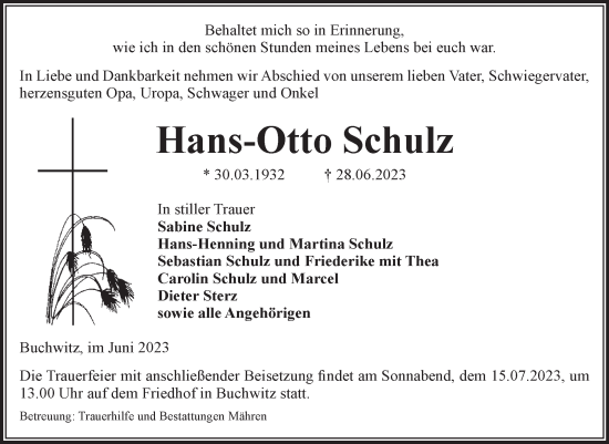 Traueranzeige von Hans-Otto Schulz von Volksstimme Altmark West
