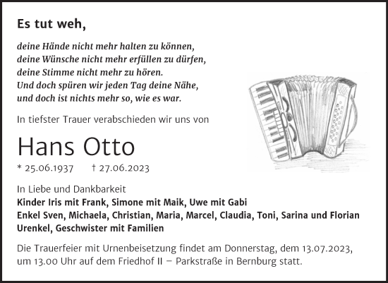 Traueranzeige von Hans Otto von Trauerkombi Bernburg