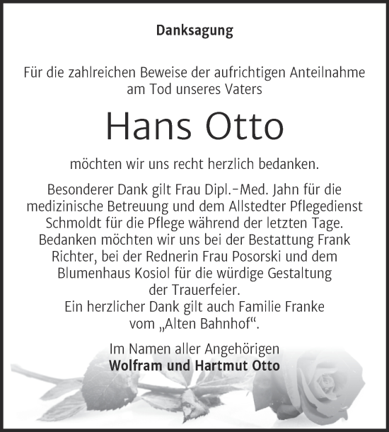 Traueranzeige von Hans Otto von Trauerkombi Sangerhausen