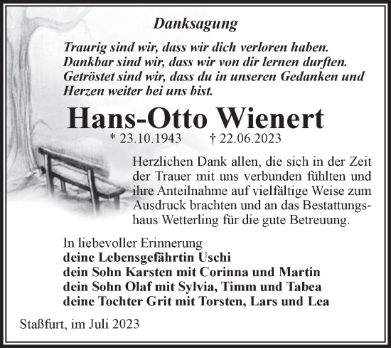 Traueranzeige von Hans-Otto Wienert von Volksstimme Staßfurt
