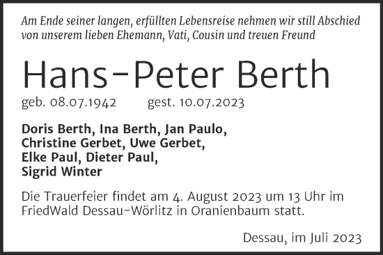 Traueranzeige von Hans-Peter Berth von Trauerkombi Dessau