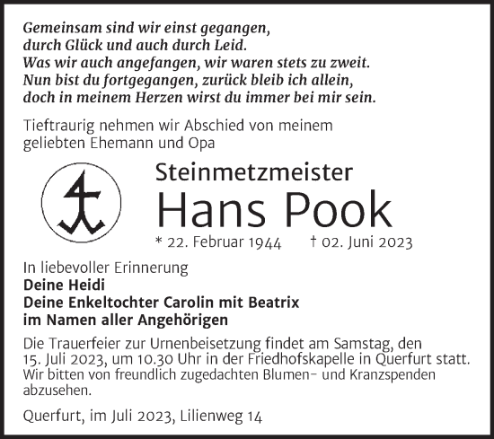 Traueranzeige von Hans Pook von Trauerkombi Merseburg